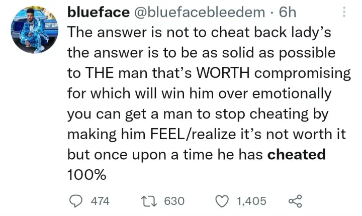 'All men cheat, but the answer is not to cheat back' - Rapper, Blueface advises women (Video)