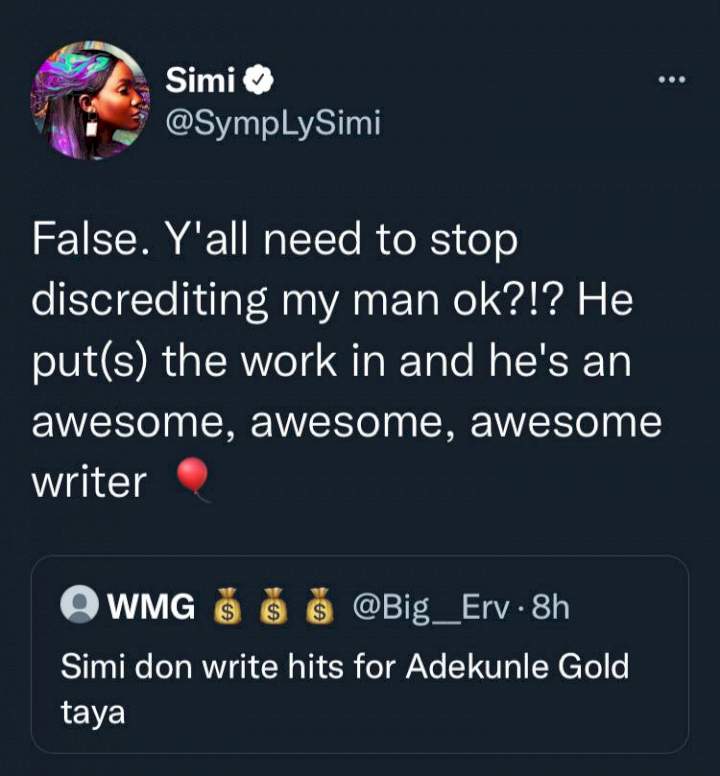 Singer, Simi slams troll who insinuated that she's the brain behind Adekunle Gold's hit songs