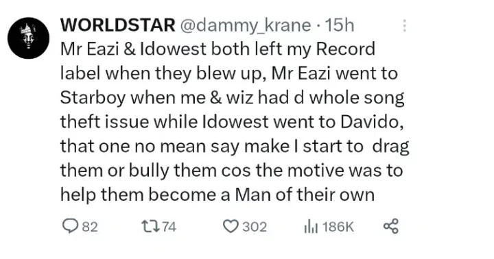 'I did not bully Mr Eazi and Idowest when both left my record label' - Dammy Krane