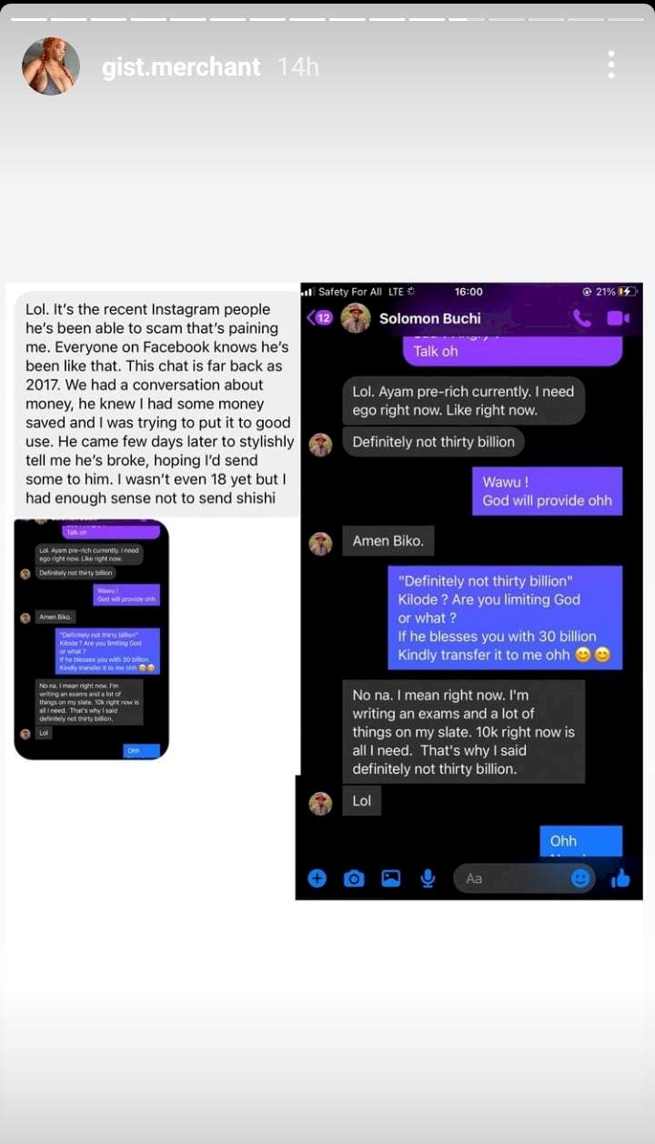 After advising men not to date broke women, multiple women expose chats where Buchi 'begged' them for money (Screenshots)
