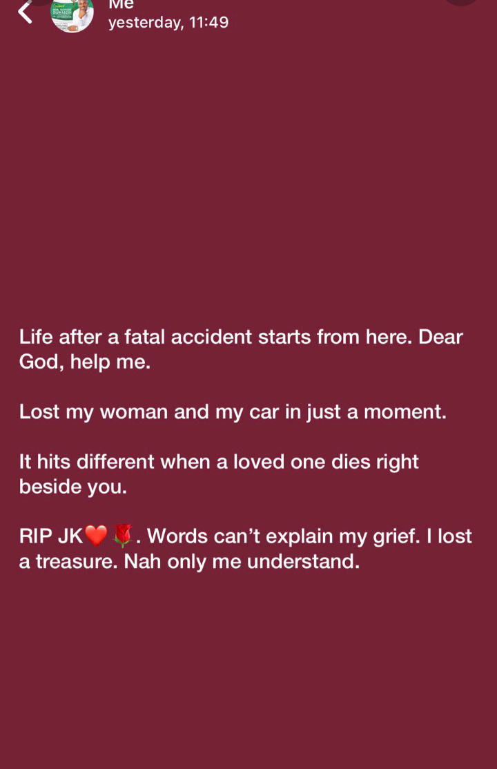 'This is to FRSC officials who arrived the scene with no first-aid' - Man writes after surviving accident that claimed his partner's life