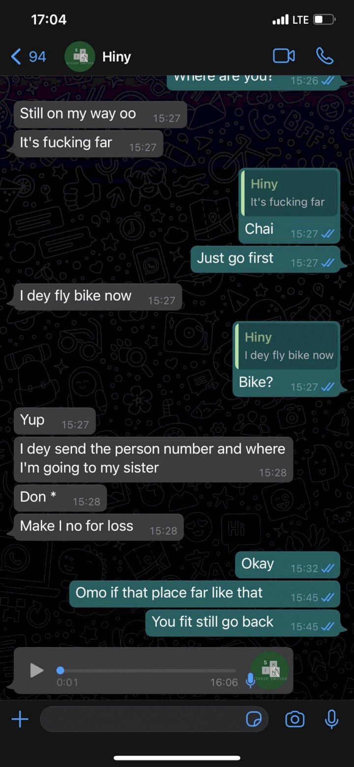 Last WhatsApp conversation between Iniubong and her friend, while on her way for the ill-fated interview