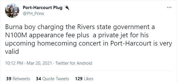 Reactions as Burna Boy allegedly charge Rivers Govt. N100M for homecoming concert