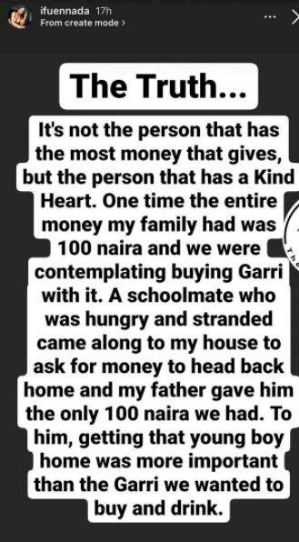 Ifu Ennada dragged over story on how her father helped stranded fellow with family's feeding money