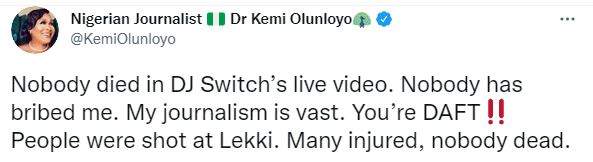 #EndSARS: 'Nobody died as a result of Lekki Tollgate shooting' - Journalist, Kemi Olunloyo says