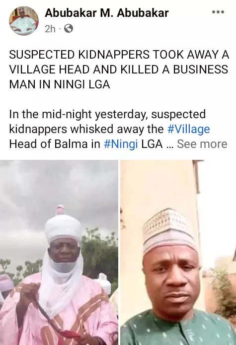 Gunmen kidnap village head and kill businessman in Bauchi