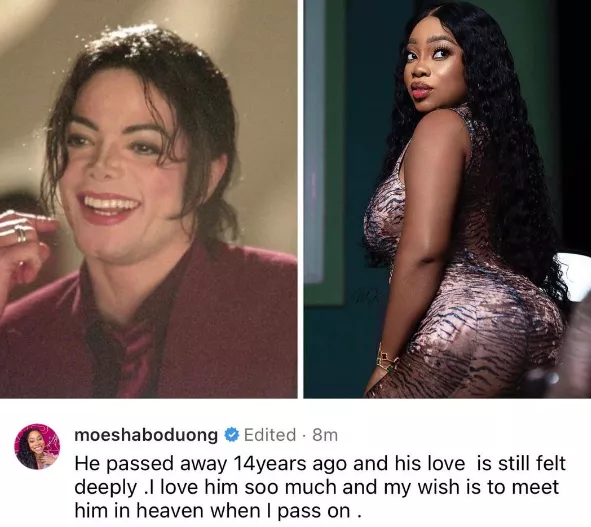 ?My wish is to meet him in heaven when I pass on? - Bornagain Ghanaian actress Moesha Boduong says as she celebrates legendary popstar, Michael Jackson