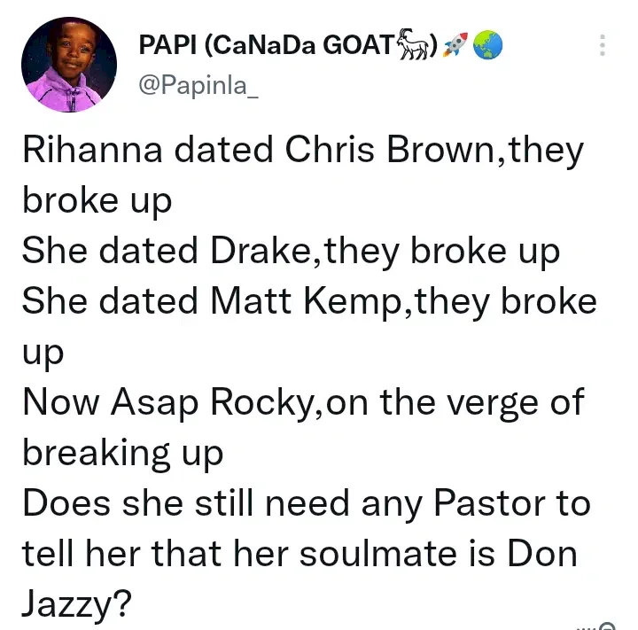 Rihanna should know by now that Don Jazzy is her soul mate - Twitter user opines following Rihanna's alleged breakup rumors with ASAP Rocky