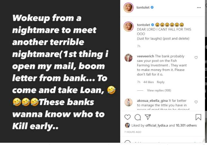 'Dear Lord, I can't fall for this' - Tonto Dikeh cries out after being tempted by a loan offered by a bank