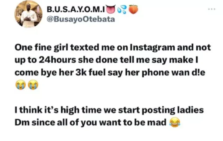 Man shares how a lady billed him for fuel within hours of knowing each other