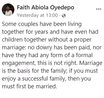'Living together without paying dowry and having children is not a family' - Pator Faith Oyedepo