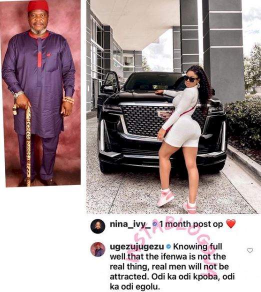 'Real men won't be attracted to it' - Actor Ugezu reacts to Nina's post-surgery photos