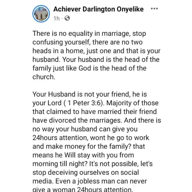 'There's no equality in marriage; your husband is your Lord, not your friend' - Man says