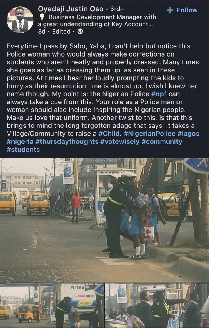 Policewoman praised for making it her duty to properly dress students while working on the streets of Lagos (photos)