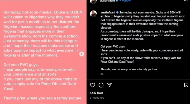 Chacha Eke's husband, Austin calls out Ebuka, MultiChoice over BBTitans