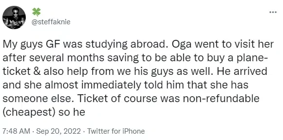 Twitter use recounts how friend got heartbroken by girlfriend studying abroad