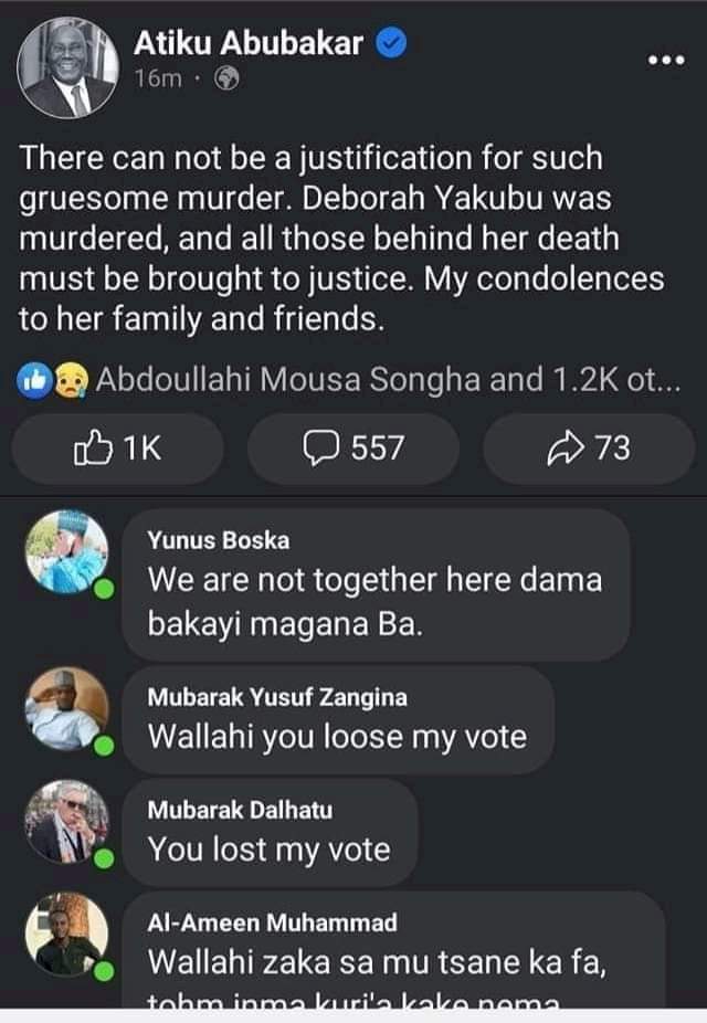 Deborah Samuel: Atiku deletes Twitter, Facebook posts after fanatics threatened his presidential ambition
