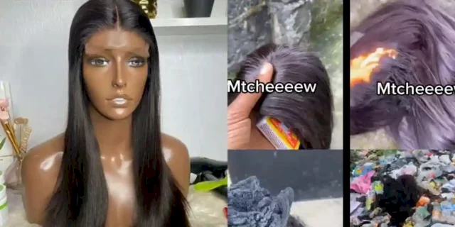 Lady burns the cheap wig her boyfriend bought for her (video)