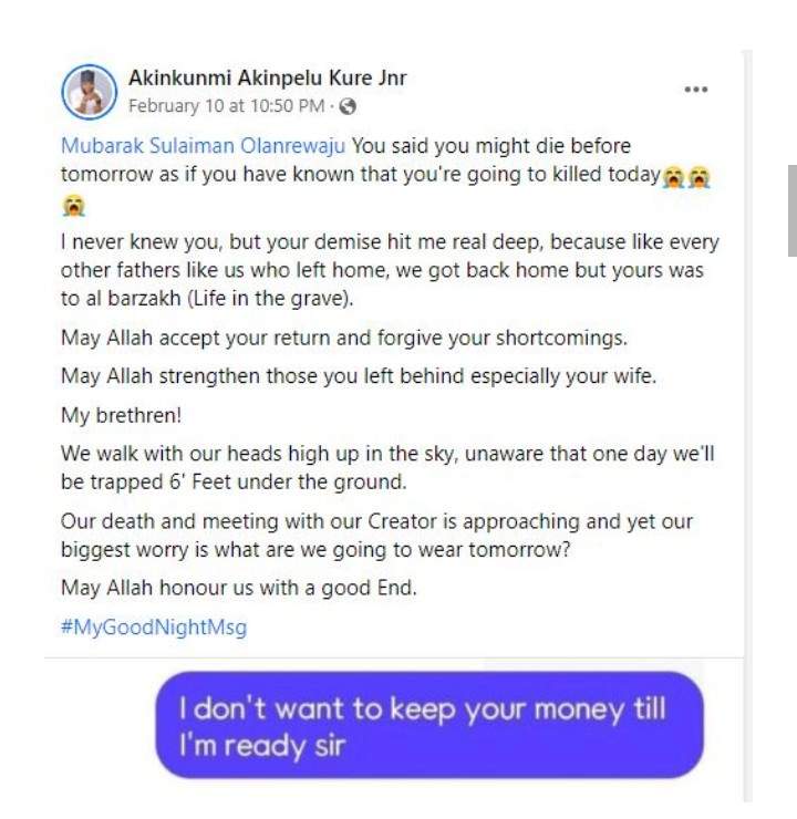 'He had premonition of his death' - Friend of man killed during Ibadan robbery attack reveals as he shares their last chat (Screenshot)