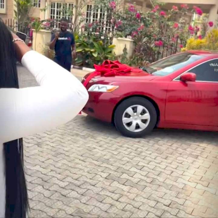 Emotional moment Funke Akindele and husband reward staff with car (Video)