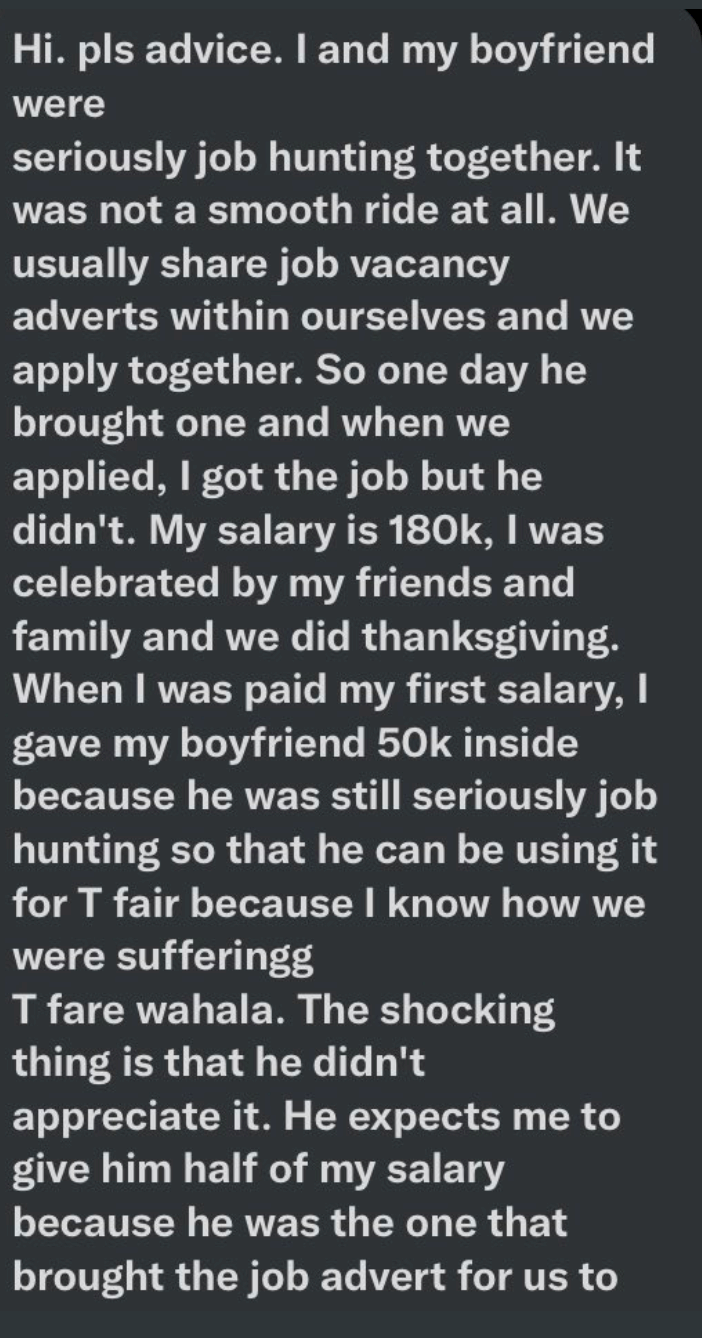 Lady seeks advice over jobless boyfriend who is demanding half of her salary