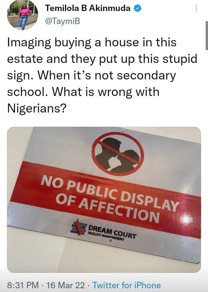 'They are not preachers of love' - Reactions as OAP TaymiB fumes over 'NO-PDA' notice erected at an estate
