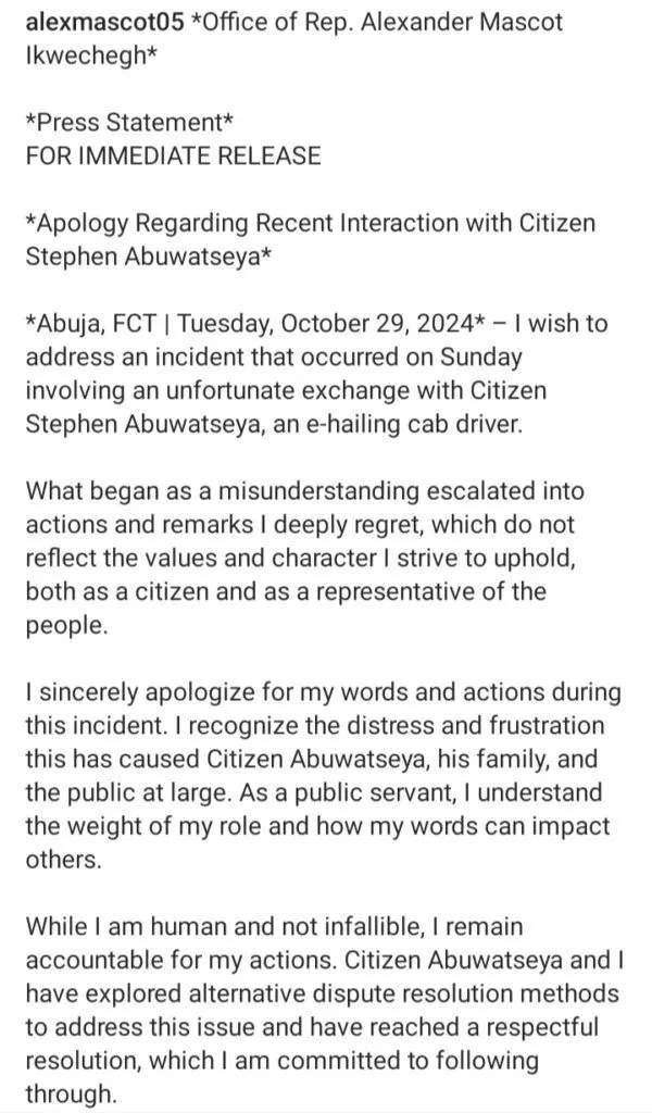 Honourable Alex Ikwechegh issues public apology following alleged assault