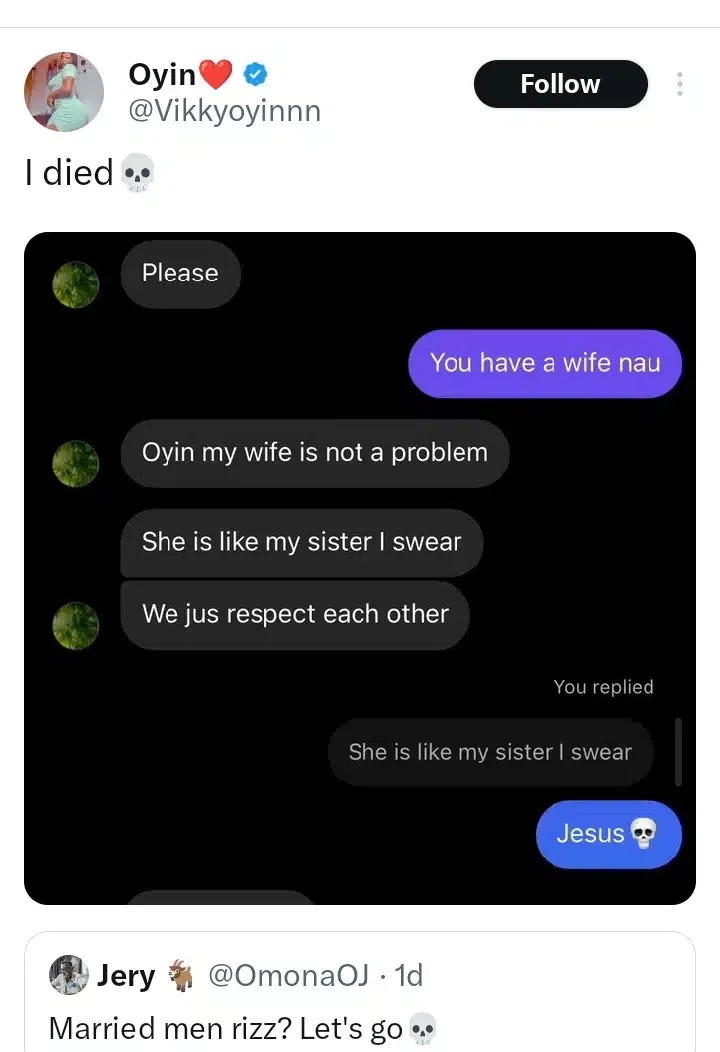 'My wife is like my sister, we just respect each other' - Man tells lady as he tries to convince her to be his side chick