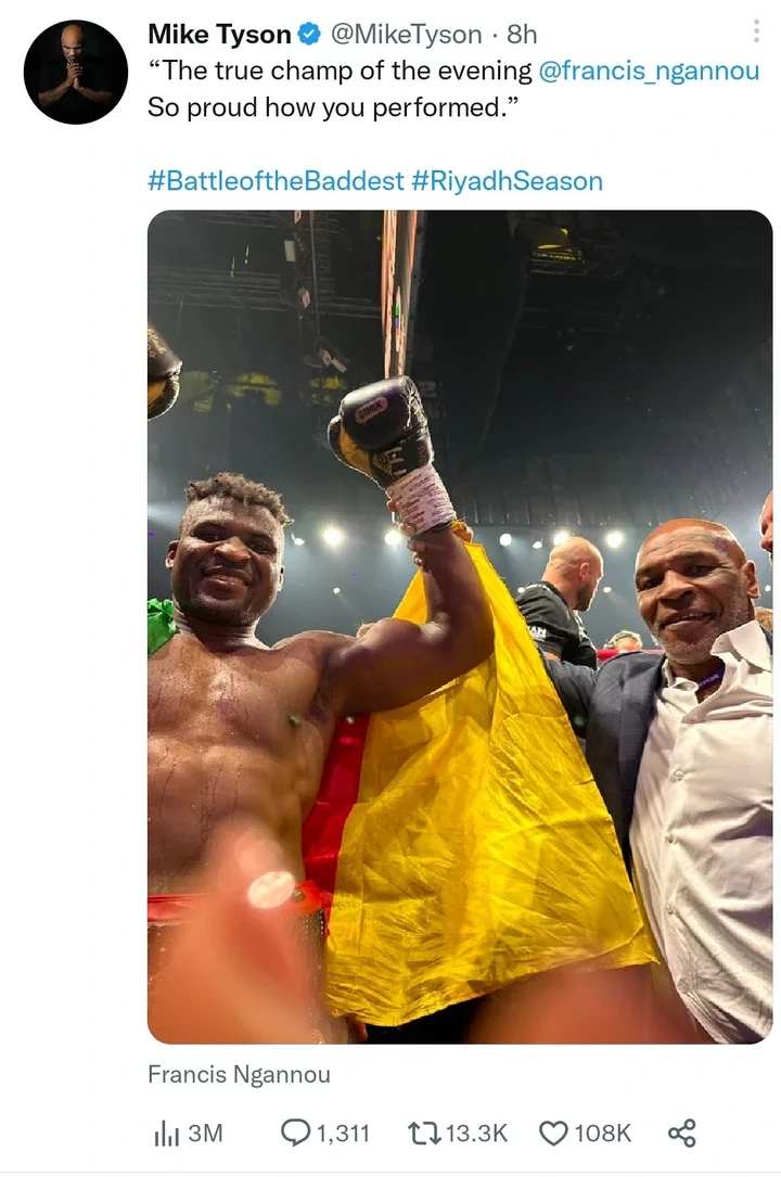 Reactions as Mike Tyson congratulates Francis Ngannou after training him before his fight again Tyson Fury