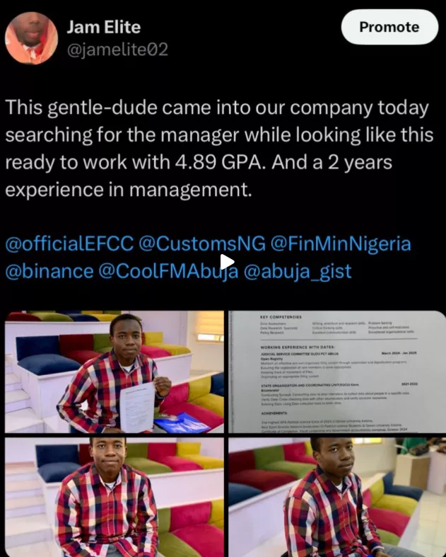 'I'm ready to work' - Graduate with 4.89 CGPA storms company uninvited, demands to see manager