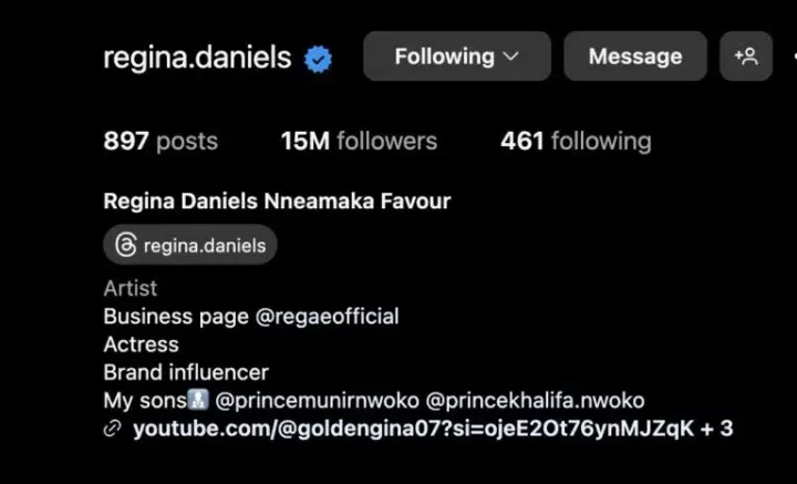 Regina Daniels returns to Instagram, yanks off husband's name and photos