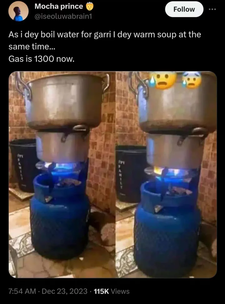 'Creative thinking' - Highly intelligent Nigerian man boils water for Garri and warms soup using one gas cylinder