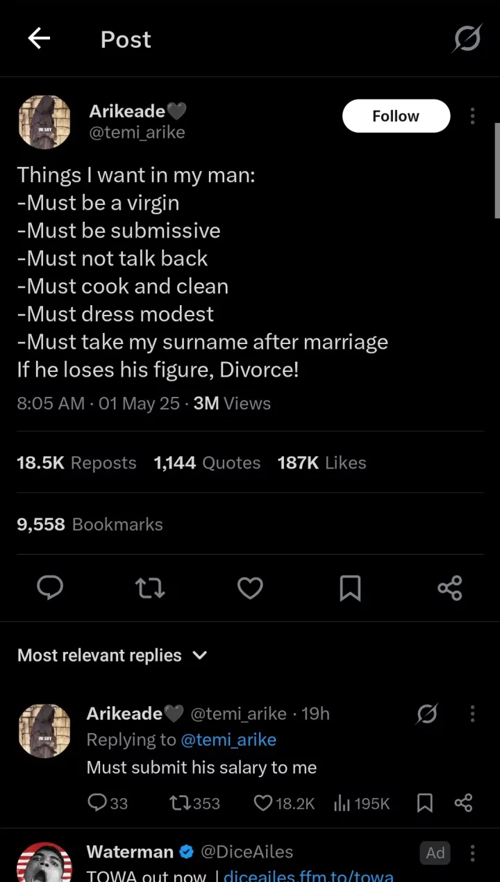 Lady demands husband must cook, clean, be submissive and take her surname
