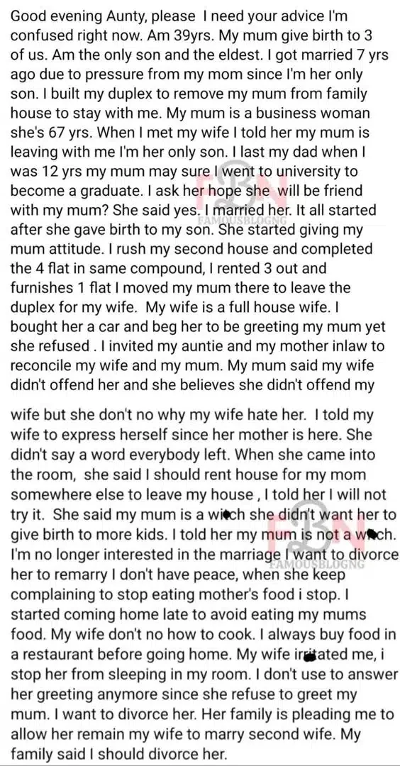 'My wife can't cook, she calls my mother a witch' - Man cries out for advice