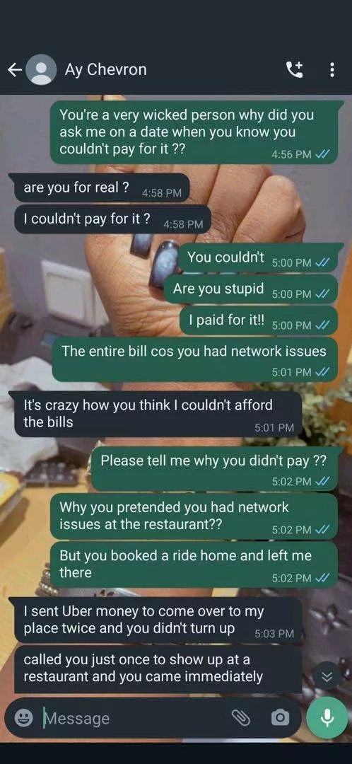 Drama as man refuses to pay N70K for food on first date, accuses lady of N30K fraud