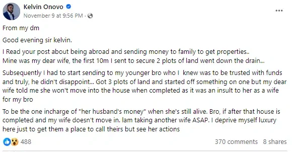 'I deprived myself of luxury' - Nigerian man abroad heartbroken as wife squandered N10m he sent home for land