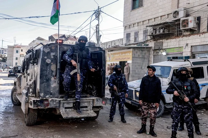 Palestinian Authority security forces deployed in Jenin refugee camp.