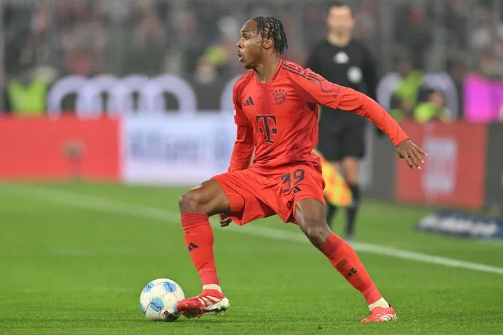 Mathys Tel of FC Bayern München plays the ball during the Bundesliga match between FC Bayern München and TSG 1899 Hoffenheim at Allianz Arena on Ja...