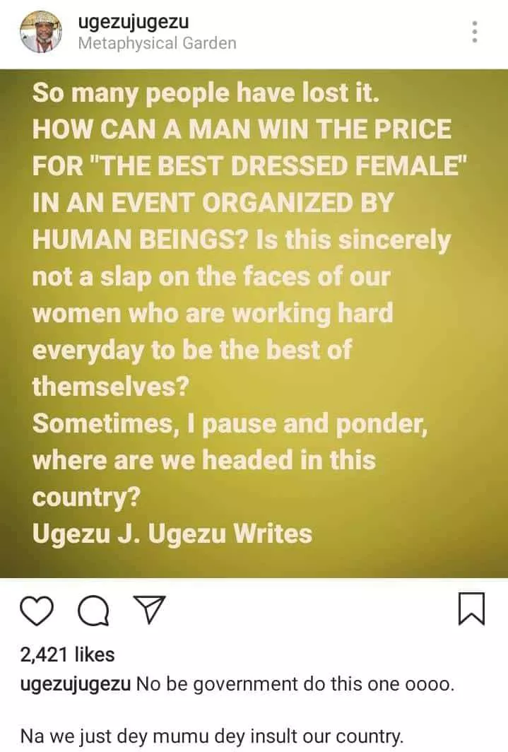 'So many people have lost it' - Ugezu Ugezu reacts to Bobrisky being named Best Dressed Female
