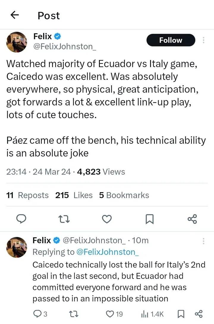 Friendly: Fans react to Caicedo's performance after Ecuador Lost 2-0 To Italy On Sunday Night