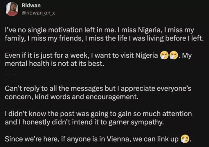 'I miss Nigeria, my mental health is not at its best' - Abroad based man laments