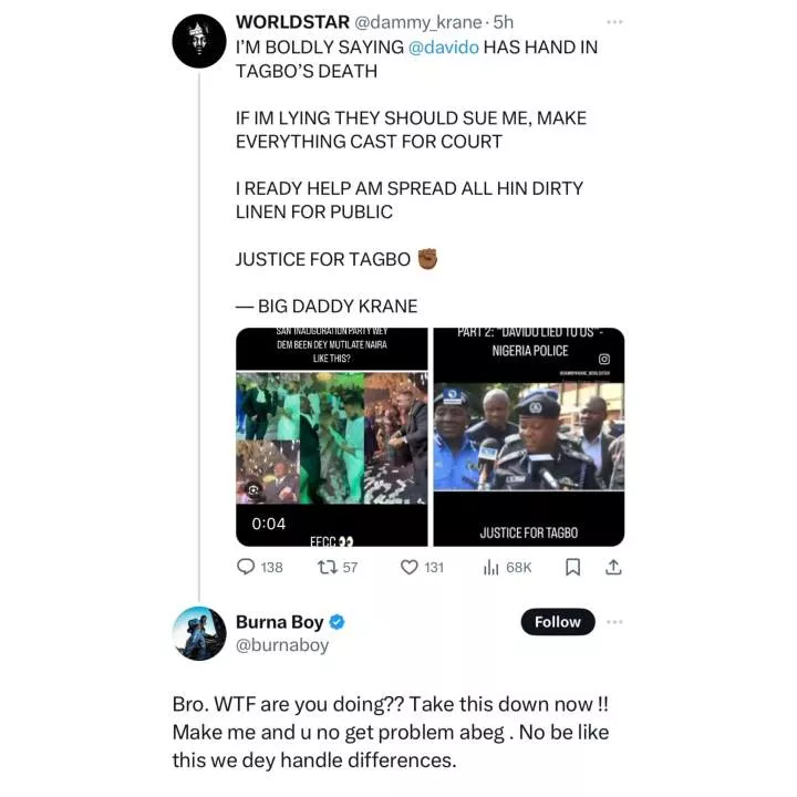 This is not how to handle differences - Burna Boy slams Dammy Krane for calling for Davido?s arrest