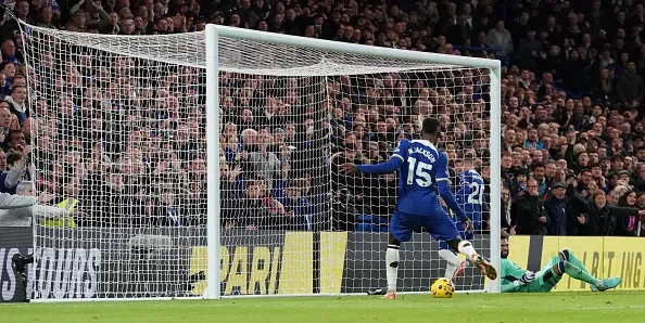 Chelsea's Nicolas Jackson scores his side's second goalduring the Premier League match between Chelsea FC and Sheffield United at Stamford Bridge.
