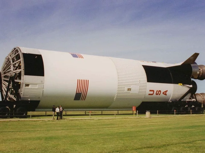 Part of the Saturn V rocket on display at the Johnson Space Center in Houston, Texas, circa 1975. (Photo by )