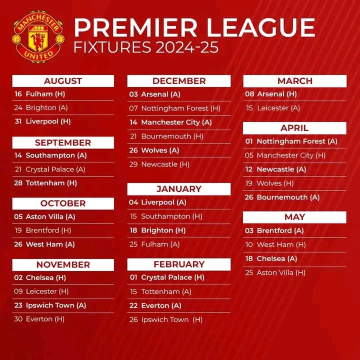 Man United's First Six Fixtures for the New Season Including Tough Matches vs Liverpool and Spurs.