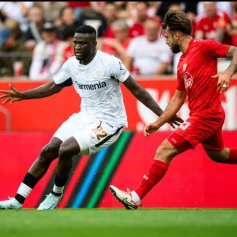 Victor Boniface in action for Bayer Leverkusen. (Photo Credit: Bayer)