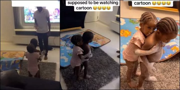 Little girl hides behind her twin brother as their dad confronts them for redesigning his living room with powder