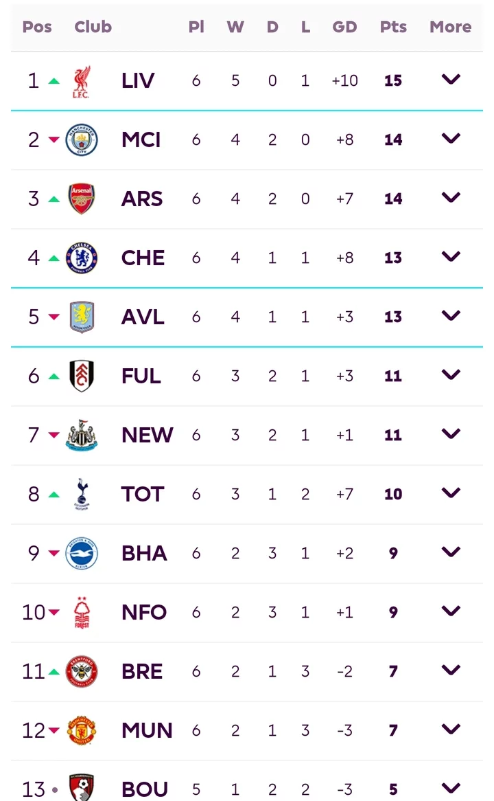 Check out Final EPL Table After the End of Match Week 6