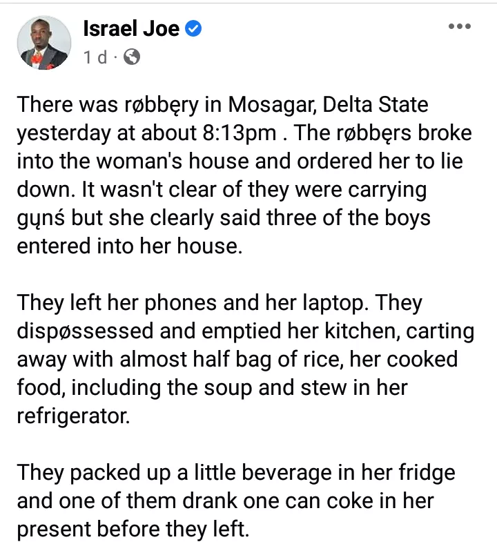 They left her phones, laptop and emptied her kitchen - Activist narrates how robbers invaded woman's house in Delta state, stole pots of soup, stew, beverages