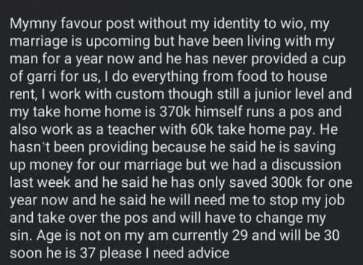 29-yr-old lady cries out for advice as fiancé asks her to quit her Customs job to join his POS business